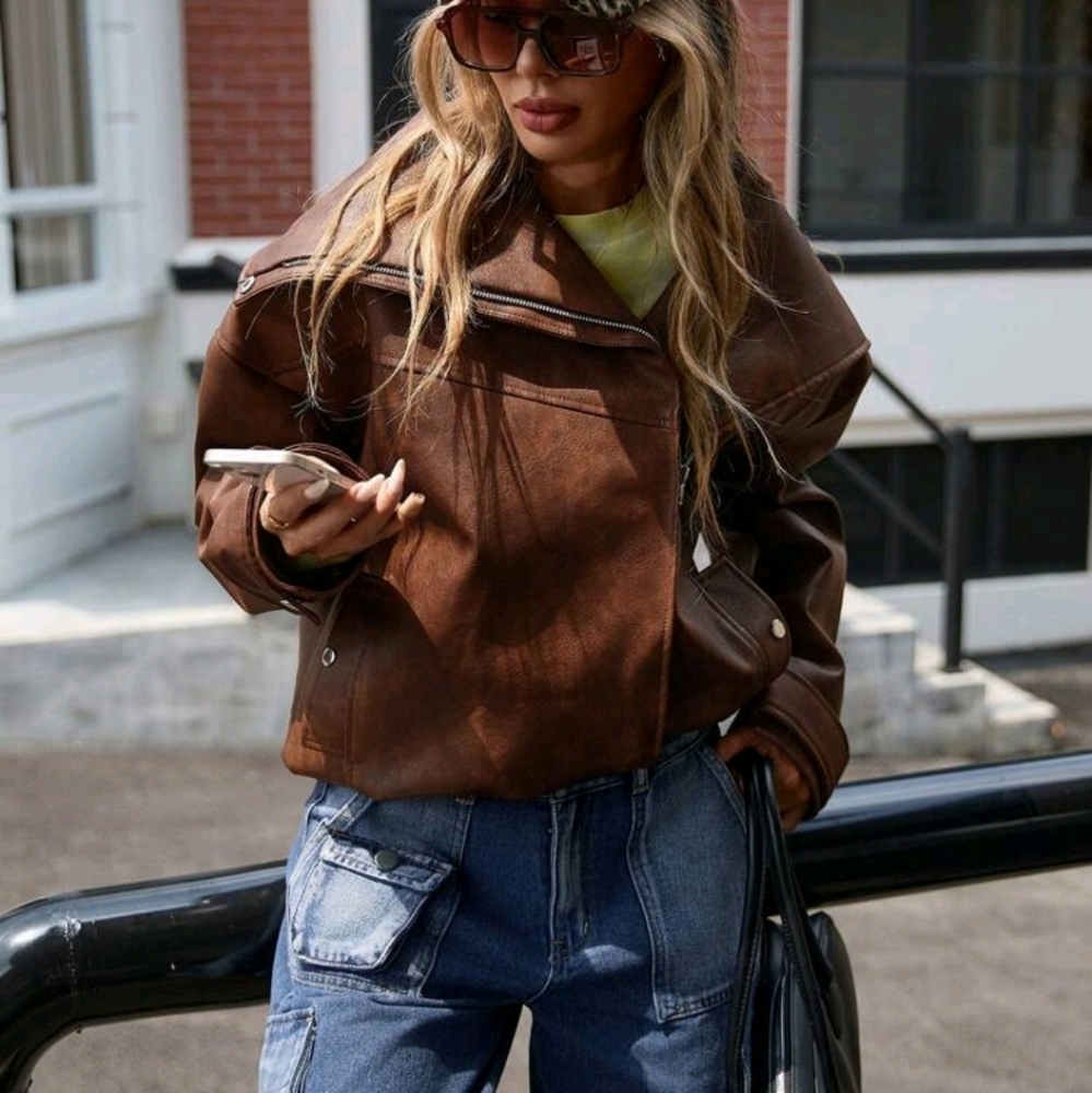 Trendy Distressed Rusty Brown PI Oversized Collar Metal Zip Wom - Picture 7 of 7
